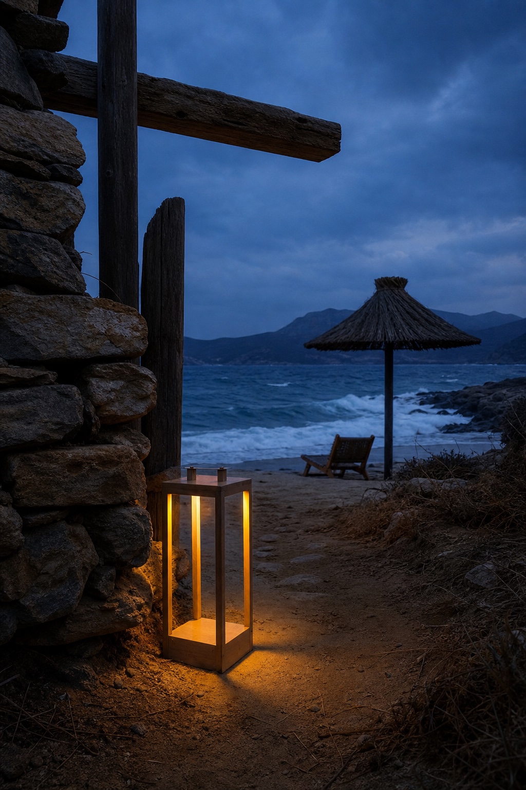 Study of the Alemàgou shore at blue hour: a lantern on a sandy path beside a dry stone wall, a thatched shade and the sea beyond.