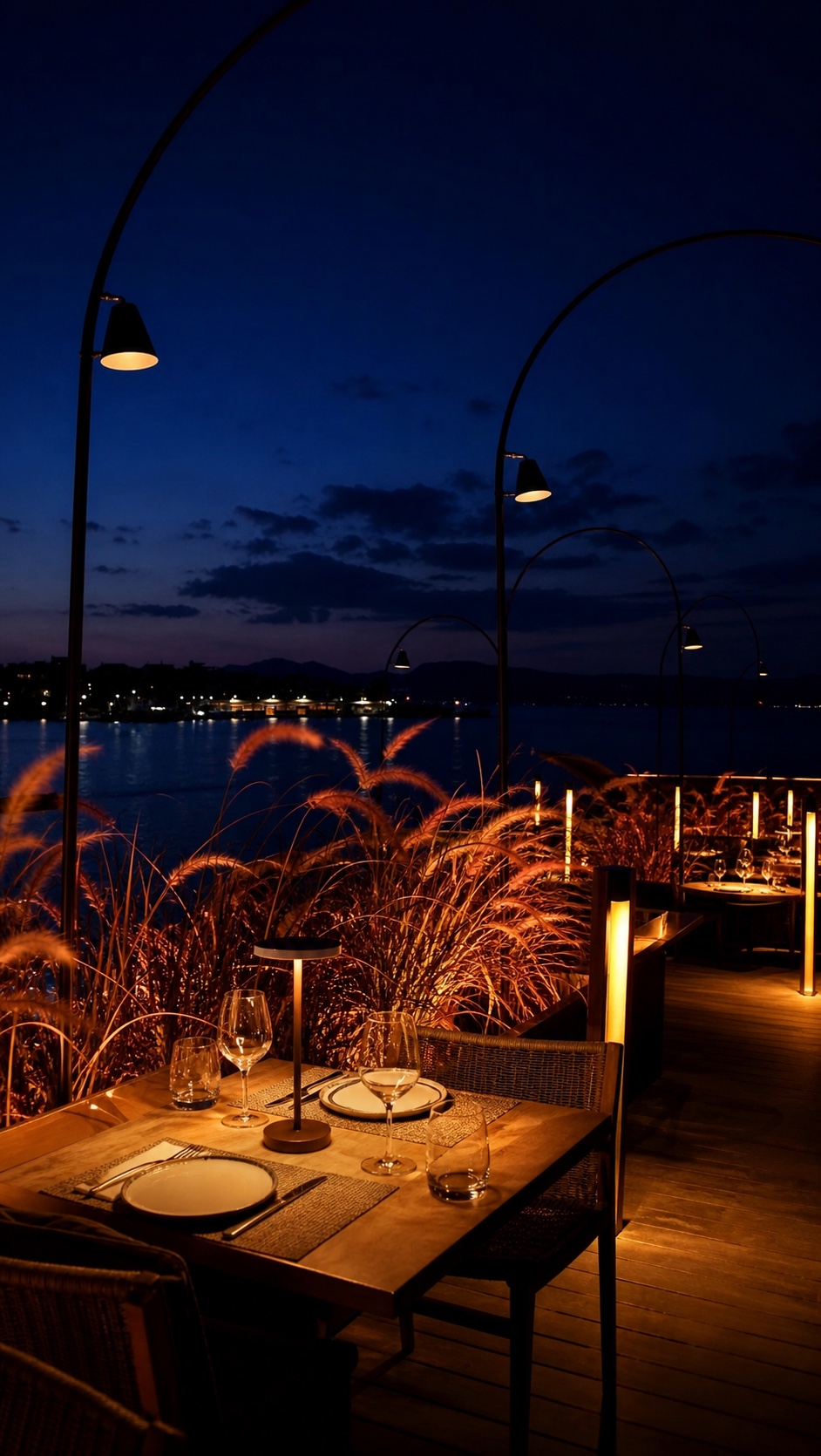 Study of a table for two on the Raval terrace at night, arc lamps overhead and lit grasses before the bay.