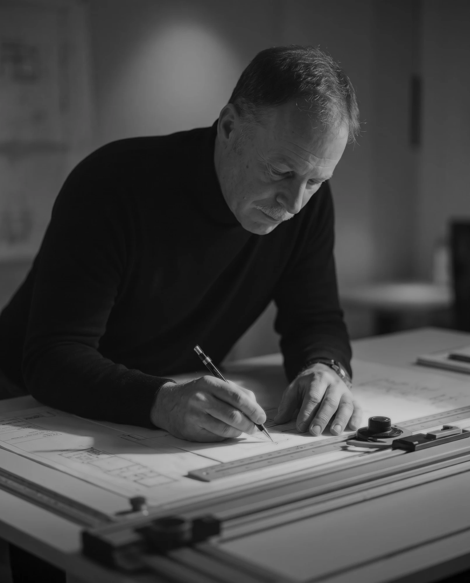 Black and white portrait of Angelos Babaloukas at a drafting table, drawing a plan in pencil